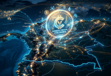 Map of Colombia with glowing city lights and virtual currency network connections