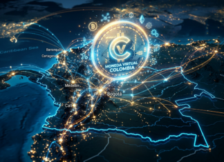 Map of Colombia with glowing city lights and virtual currency network connections