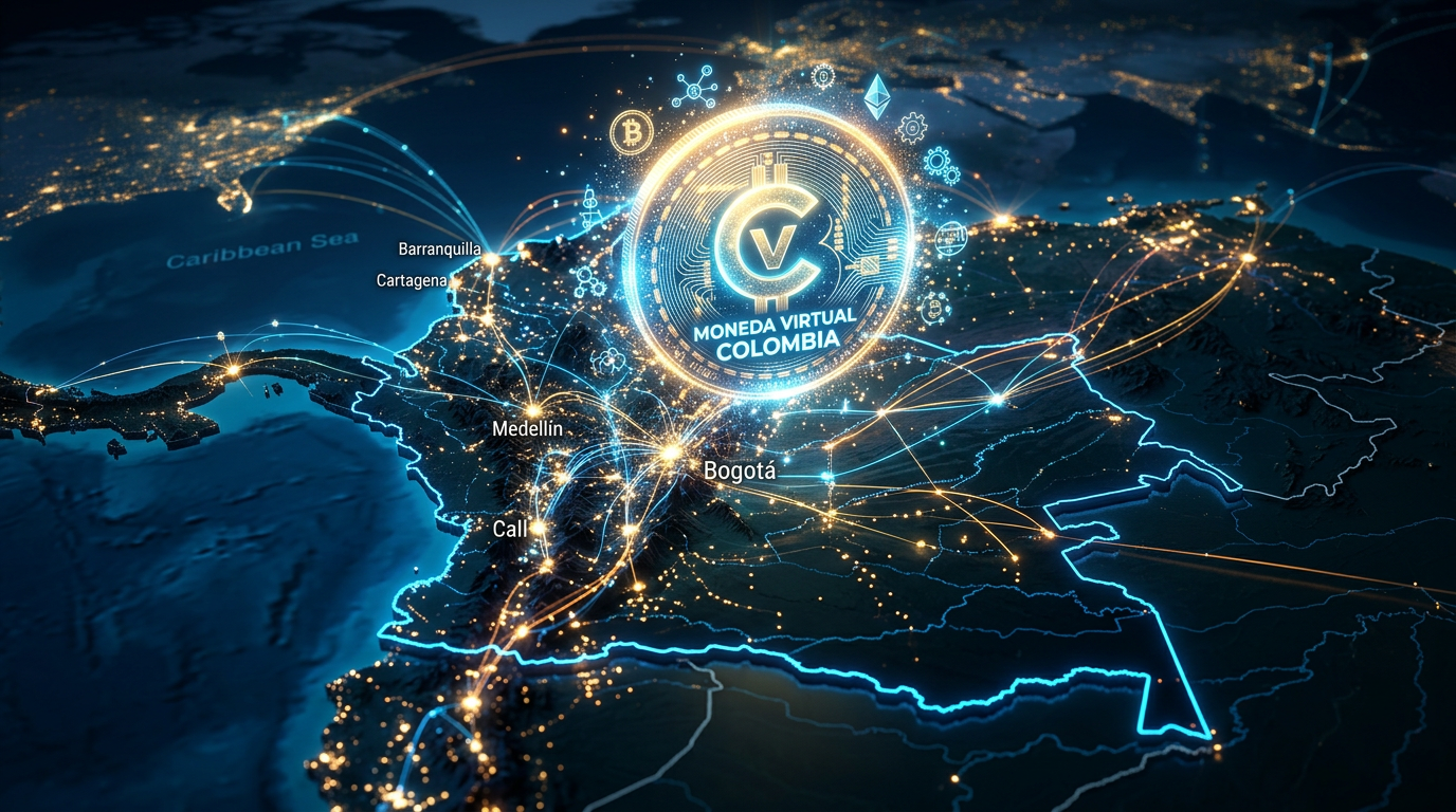 Colombia Virtual Currency Network Map Map of Colombia with glowing city lights and virtual currency network connections